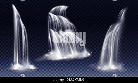 Isolierte Wasserfälle auf transparentem Hintergrund. Vektorrealistischer Wasserfall mit Kaskade, Spritzwasser und Nebel. Reihe von Flüssigkeitsströmen, Fluss von reinem Wasser, Dusche oder Regen Stock Vektor