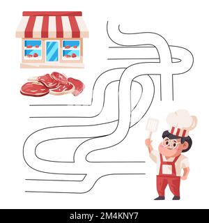 Spiellabyrinth-Vorlage für Kinderaktivitäten Illustration eines Fleischerlagers, der einen Weg findet, Rindfleisch zu lagern Stock Vektor