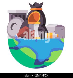 Müllkippen Umwelt Müll schmutzige Erde Symbol Abbildung eines Globus und eines Haufens Mülltonnen Stock Vektor