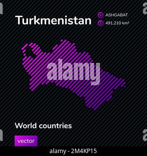 Vektor-Flachkarte Turkmenistans mit violetter, violetter, rosa gestreifter Textur auf schwarzem Hintergrund. Bildungs-Banner, Poster über Turkmenistan Stock Vektor