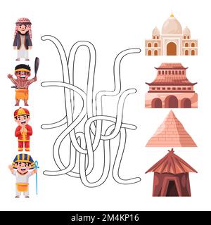 Ein Irrgarten der Charaktere aus vielen Ländern und das Wahrzeichen der Heimat Stock Vektor