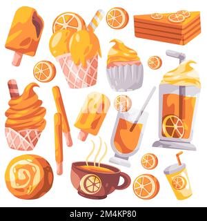 Zeichentrickset-Kollektion aus Orangensüßchen, Kuchen, Eis und Getränken Stock Vektor