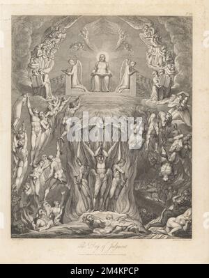 Der Tag des Jüngsten Gerichts (Platte XII). Gott, umgeben von einem Thron von Engeln und Königen, liest aus einem Buch des Urteils. Geister der Toten, alt und jung, männlich und weiblich, fliegen hoch und runter in Himmel und Hölle. Engel mit Trompeten und Schwertern marschieren die Seelen. Kupferplatten-Gravur von Louis Schiavonetti nach einer Originalzeichnung von William Blake aus Robert Blairs Grab, T. Bensley für Rudolph Ackermann, 1813. Stockfoto