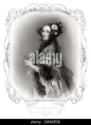 1845 Ca , GROSSBRITANNIEN : Portrait of british ADA BYRON alias Augusta Ada King Comtess of Lovelace ( 1815 - 1852 ) , als er jung war . Mathematikerin und Schriftstellerin, vor allem bekannt für ihre Arbeit an Charles Babbys vorgeschlagenem mechanischen Allzweckrechner, der Analytikmaschine . Sie erkannte als erste, dass die Maschine Anwendungen hatte, die über reine Berechnungen hinausgehen, und veröffentlichte den ersten Algorithmus, der von einer solchen Maschine ausgeführt werden sollte. Daher wird sie häufig als erste Computerprogrammiererin angesehen. War die einzige legitime Tochter des berühmten romantischen Dichters Lord Geo Stockfoto