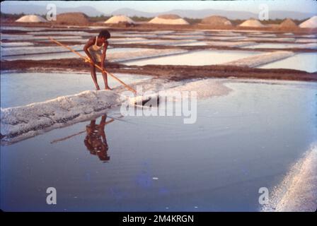 Salzwasser:- eine natürliche Depression ohne Regenwasser, in der Wasser sich sammelt und bei der Verdunstung Salz hinterlässt. Der Großteil der Salzproduktion Indiens lässt sich auf eine Region zurückführen: Den westlichen Zentralstaat Gujarat. Mit mehr als 50 Prozent der Salzarbeiter in Gujarat entfallen auf den Bundesstaat fast drei Viertel der jährlichen Salzproduktion des Landes. Stockfoto