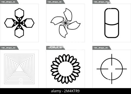 Gruppe von Y2K-Stilvektoren von Objekten. Brutalismusstern- und Blumenformen. Cyberpunk-Elemente. Stock Vektor
