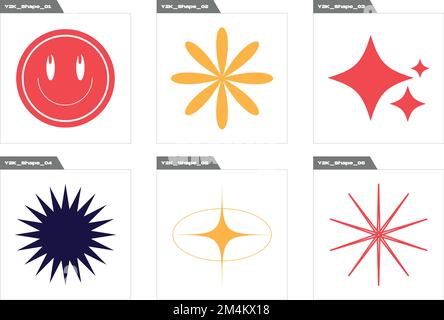 Futuristische Retro-Elemente für Design. Große Gruppe von Retro-Objekten für die Konstruktion. Vorlagen für Notizen, Poster. Stock Vektor