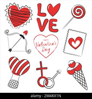 Ein Satz fröhlicher Valentinstag-Elemente, Herz, Liebesschrift, Süßigkeiten, Post-Zeichen, Ballon mit Korb, Geschlechtszeichen, Eis und Bogen Stock Vektor