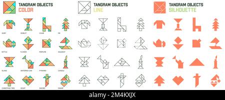 Tangram Puzzle für Kinder. Satz von Tangram-Objekten. Stock Vektor