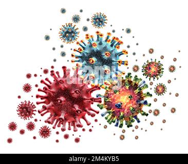 Triplevirus-Ausbruch oder Tripledemie-Covid-Grippe und RSV oder Respiratory-Syncytial-Virus mit drei Erregerzellen gefährliche Infektionskrankheitszellen Stockfoto