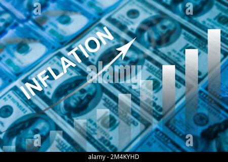 Inflation, Steuern, Cashflow und ein anderes Finanzkonzept. Konzentriert sich darauf, den Wert des Geldes zu senken. Hintergrund des Diagramms der steigenden Inflationsraten 2023 Stockfoto