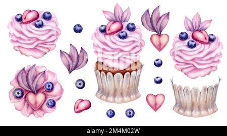 Handgezeichneter, Aquarell- und rosafarbener Cupcake mit Herz zum Valentinstag, Hochzeitsdesign, Tapete, Geschenkpapier, Süßigkeiten, Geschenkschachteln, Schokoladenbecher. Stockfoto