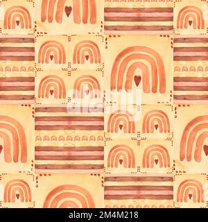 Aquarell nahtlos abstraktes Regenbogenmuster, Vintage Boho geometrische Fliesen Illustration, Marrakesch Mosaik, Ethik, Ziermuster, handgezeichnet B Stockfoto