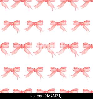 Wasserfarbenes, pinkfarbenes Nahtloses Schleifenmuster. Von Hand gezeichneter wunderschöner Schleifenknoten. Mädchenpapier. Stockfoto