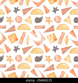 Aquarell nahtloses abstraktes Muster, handgemaltes Boho-Muster, Papier mit geometrischen Formen, Moderne Kunst, Böhmisches Muster, Beige, Orange, Braun, dunkle Farbe Stockfoto