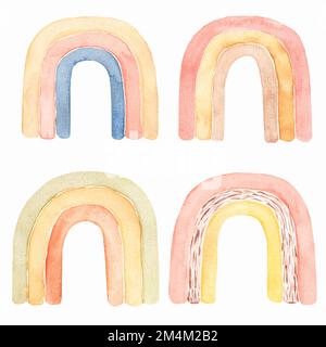 Abstraktes Regenduschen-Set für Kinder in Aquarellfarben, Clipart mit handbemalten Bo-Regenbogen. Kunst im Kinderzimmer im trendigen skandinavischen Stil. Zeitgenössische Kunst Stockfoto