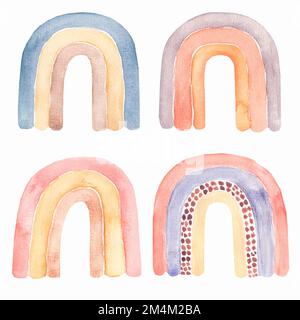 Abstraktes Regenduschen-Set für Kinder in Aquarellfarben, Clipart mit handbemalten Bo-Regenbogen. Kunst im Kinderzimmer im trendigen skandinavischen Stil. Zeitgenössische Kunst Stockfoto