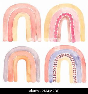 Abstraktes Regenduschen-Set für Kinder in Aquarellfarben, Clipart mit handbemalten Bo-Regenbogen. Kunst im Kinderzimmer im trendigen skandinavischen Stil. Zeitgenössische Kunst Stockfoto