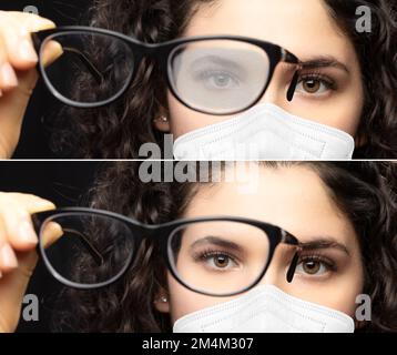 Das Mädchen mit der Brille war wegen der Maske beschlagen. Vor und nach der Verwendung eines Antibeschlagmittels anzeigen Stockfoto