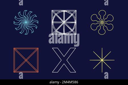 Gruppe von Y2K-Stilvektoren von Objekten. Außergewöhnliche Grafikressourcen. Vorlagen für Notizen, Poster. Stock Vektor