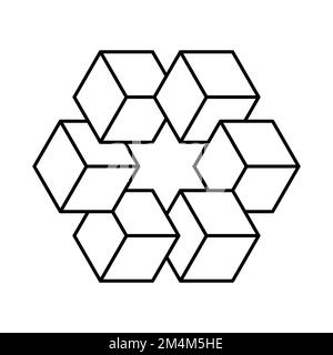 Unmögliche Form aus Würfeln mit einem Stern in der Mitte. Lineare 3D-Würfel ergeben ein komplexes Polygon. Heilige Geometrie. Isometrisches Logo-Konzept. Vektor Stock Vektor