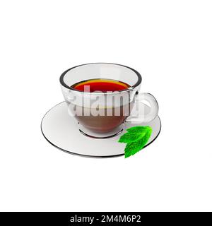 Tasse Tee in Glas mit mintblütenweißem Hintergrund 3D-Rendering Stockfoto