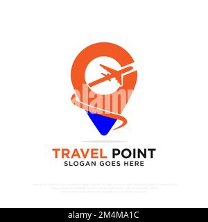 Reiseziel-Agentur-Logo-Design mit einer Vektorvorlage zur Darstellung der Form des Reiseziels mit Plan und Pin Stock Vektor