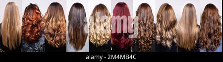 Collage mit vielen Frisuren von Frauen mit langen lockigen und glatten Haaren, Styles mit hellen Highlights Stockfoto