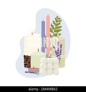 Abbildung von Duftkerzen. Bienenwachs-, Paraffin-, Soja-, Kokoswachs-Kerzen in Glas- und Säulenform mit Grünpflanzen und abstrakter Form. Inneneinrichtung Stock Vektor