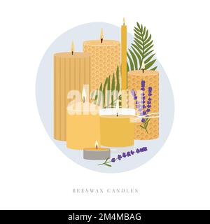Abbildung von Duftkerzen. Säulenkerzen aus Bienenwachs mit grüner und abstrakter Form. Aroma Kerzen Kollektion. Heim Aromatherapie, Hygge Stock Vektor
