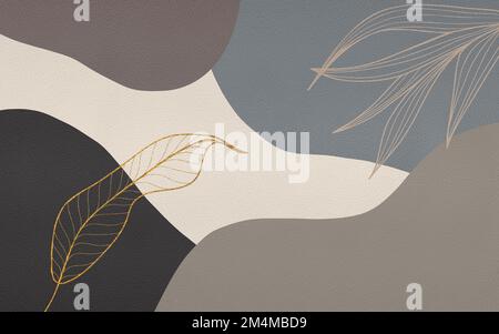 Eine Kombination aus geometrischen Farbblöcken, handbemalten Linien, Blättern und Blumenteppichen. Stockfoto