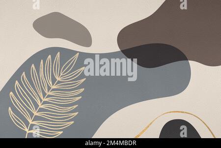 Eine Kombination aus geometrischen Farbblöcken, handbemalten Linien, Blättern und Blumenteppichen. Stockfoto