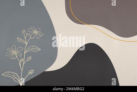 Eine Kombination aus geometrischen Farbblöcken, handbemalten Linien, Blättern und Blumenteppichen. Stockfoto