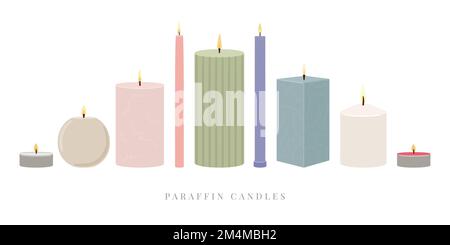Ein Set Duftkerzen. Paraffin-Säulenkerzen. Aroma SPA Kerzenkollektion. Keine verschwendeten Geschenke. Dekorative Kerzen. Vektor il per Hand zeichnen Stock Vektor