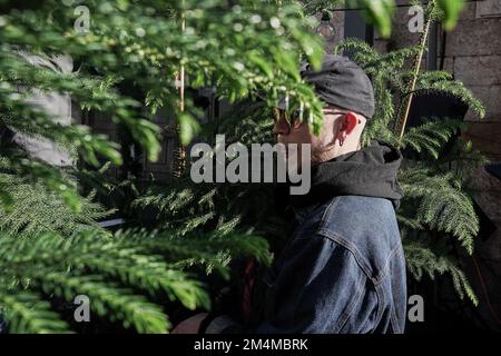 Jerusalem, Israel. 22. Dezember 2022. Die Stadt Jerusalem und der Juwish National Fund verteilen speziell angebaute Arizona Cypress Weihnachtsbäume an die christliche Bevölkerung am New Gate der Altstadt. Kredit: Nir Alon/Alamy Live News Stockfoto