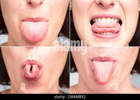 Collage aus vier Formen der Zunge einer Frau, wenn sie aus ihrem Mund herausragt, U-Falz ist erblich, lustige Komposition Stockfoto