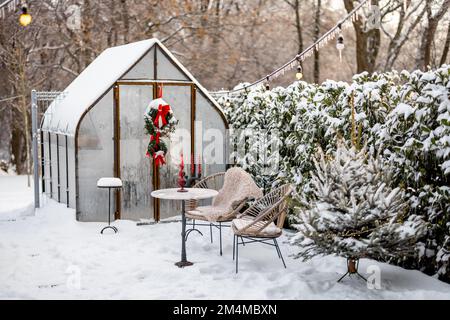 Verschneiter Hof mit Gewächshaus und Weihnachtsbaum Stockfoto