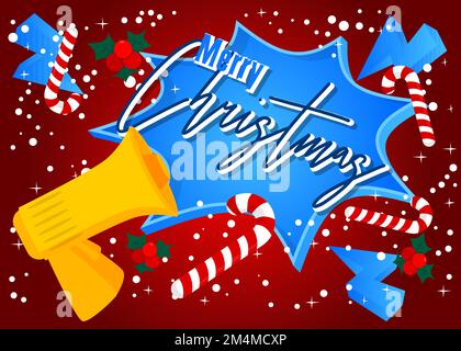 Merry Christmas Text with Cartoon Megaphone (Frohe Weihnachten mit Megafon-Zeichentrickfilm) Abbildung der Vektorankündigung. Stock Vektor