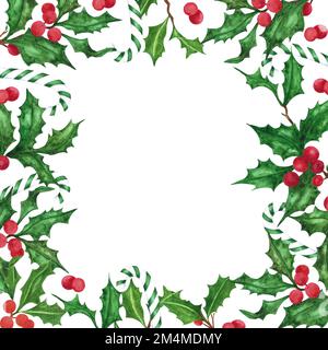 Handgezeichneter, wässriger Zweigrahmen. Symbol für Weihnachten und Neujahr, dekoratives Element. Sammelalbum, Poster, Etikett, Banner, Postkarte Stockfoto