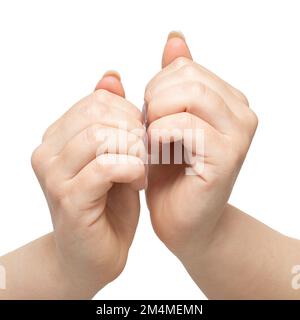 Nahaufnahme der Hände der Frau während Balayam Übungen, ein Yoga Asanas, das aus dem Reiben von Nägeln für Haarwachstum und für gesundes Haar besteht, isoliert auf w Stockfoto