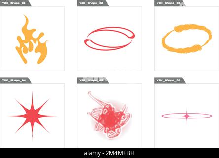 Gruppe von Y2K-Stilvektoren von Objekten. Trendige geometrische postmoderne Figuren. Cyberpunk-Elemente. Stock Vektor