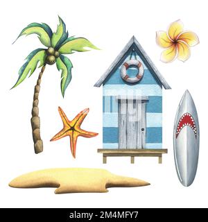 Strandhaus, Sand, Surfbrett, Seesterne, Plumeria Blume und Kokospalme. Aquarelldarstellung. Ein kleines Set aus der SURFKOLLEKTION. Für Stockfoto