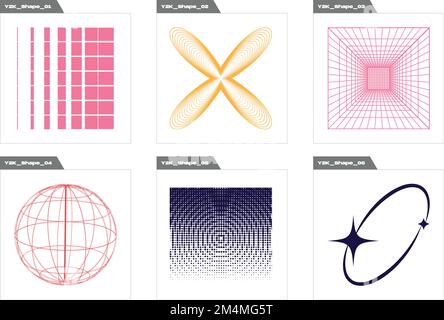 Vektorsatz von Y2K. Trendige geometrische postmoderne Figuren. Flache minimalistische Symbole. Stock Vektor