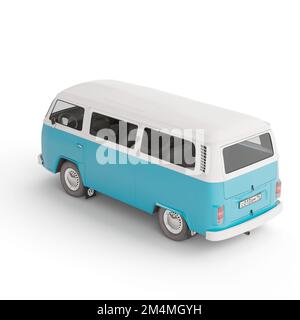 Eine 3D-Darstellung eines Retro-blauen Volkswagen-Vans, isoliert auf weißem Hintergrund Stockfoto