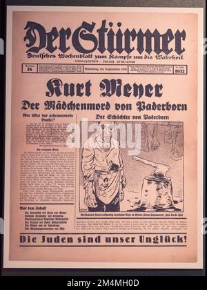 „Der Stürmer“ (The Striker) mit antisemitischer Titelseite im September 1932 eine wöchentliche deutsche Boulevardzeitung, Imperial war Museum, London, Großbritannien. Stockfoto