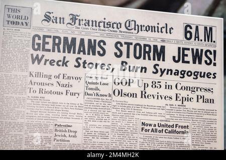 Schlagzeile „Deutsche Stürme Juden“ auf der Titelseite des San Francisco Chronicle (10. November 1938), Imperial war Museum, London, Großbritannien. Stockfoto