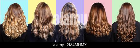 Collage mit vielen Frisuren von Frauen mit langen lockigen und glatten Haaren, Styles mit leuchtenden Highlights und Balayage-Haarschnitt Stockfoto