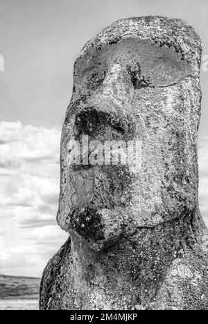 Nahaufnahme des sogenannten „Traveling Moai“ in Ahu Tongariki auf der Osterinsel Chile in Schwarz und Weiß Stockfoto