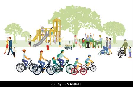 Radfahren mit Kindern und Familie, Illustration Stock Vektor