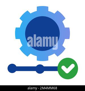 Symbol Zahnradverarbeitung Schritt für Schritt mit blauer Häkchenliste Stock Vektor